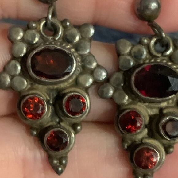 Vintage Art Deco Sterling Silver & Red Garnet Cluster Drop Earrings - Picture 8 of 8